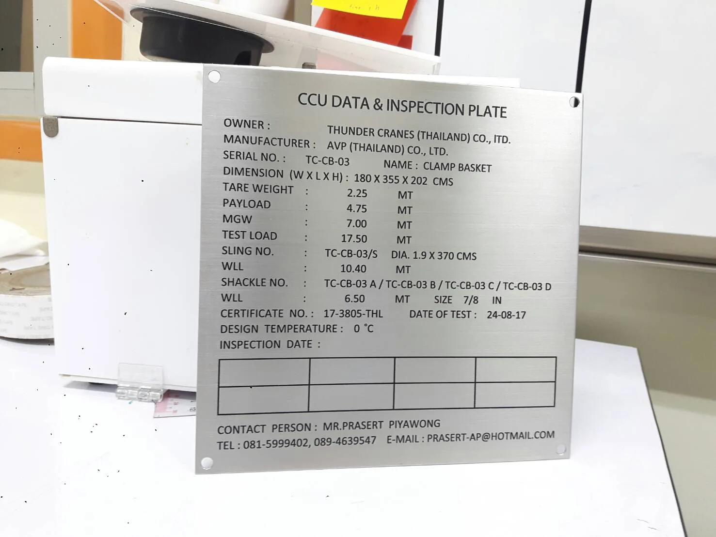 ป้ายเครื่องยกและพิกัดน้ำหนัก (Lifting Equipment Plate) — สแตนเลส · กัดกรด