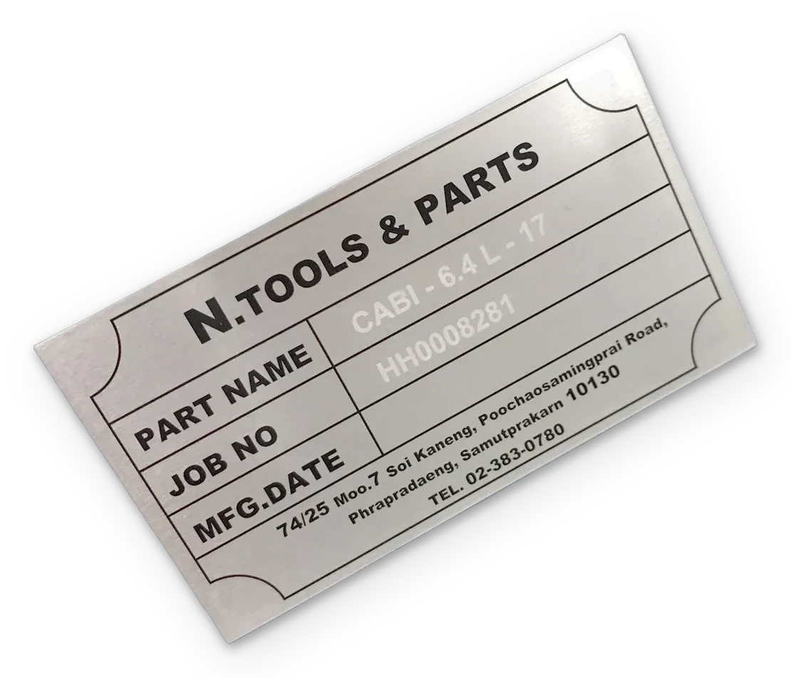 ป้ายสเปคเครื่องจักร (Machine Spec Plate) — อลูมิเนียมอโนไดซ์ · เลเซอร์มาร์คกิ้ง