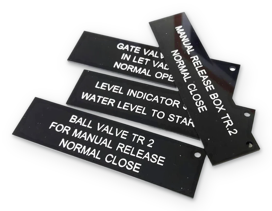 ป้ายแท็กสายไฟและวาล์ว (Cable & Valve Tag) — อะคริลิค · เลเซอร์มาร์คกิ้ง